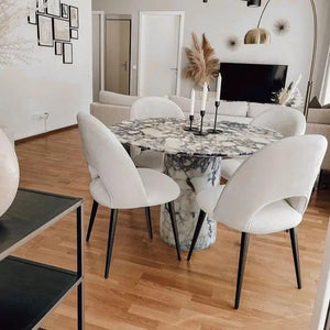 Calacatta Viola Marble Round Dining Table by Villohome, 48-inch diameter with a round marble pedestal base.