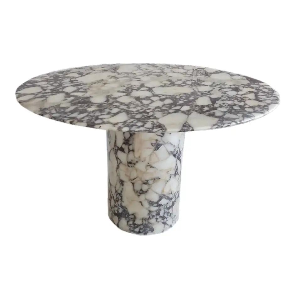 Calacatta Viola marble round dining table with a cylindrical marble pedestal base, 48-in diameter, 30-in high