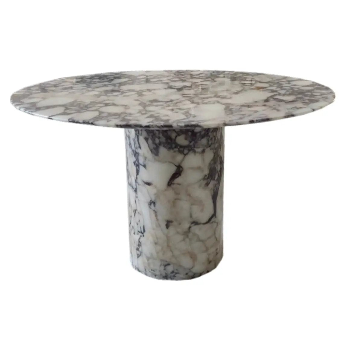 Villohome Calacatta Viola marble round dining table with a round marble pedestal base, 48in diameter, 30in high.