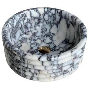 Calacatta Viola marble fluted bathroom sink by Villohome, polished round vessel bowl