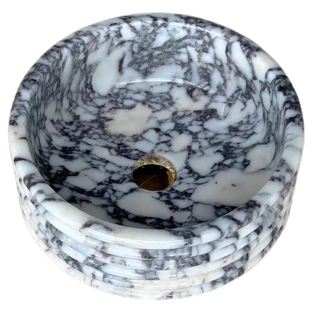 Calacatta Viola marble fluted round vessel bathroom sink, polished finish