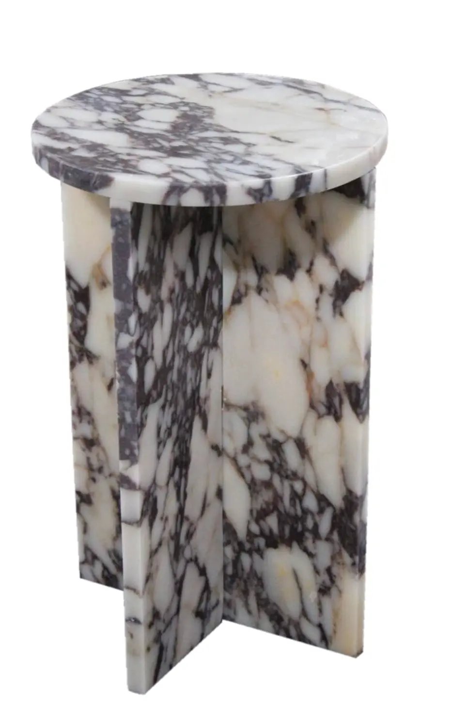 Calacatta Viola marble end table by Villohome, round polished top on a veined white-gray pedestal