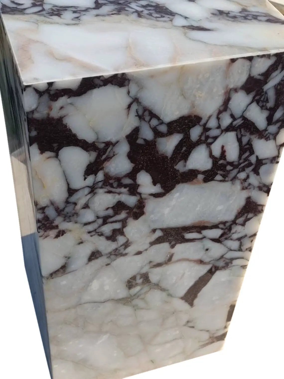 Villohome Calacatta Viola marble cube end table, polished plinth with white and dark veining, 14x14x24 in