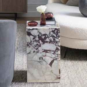 Calacatta Viola marble cube end table by Villohome; polished white with purple veining, 14x14x24 inches