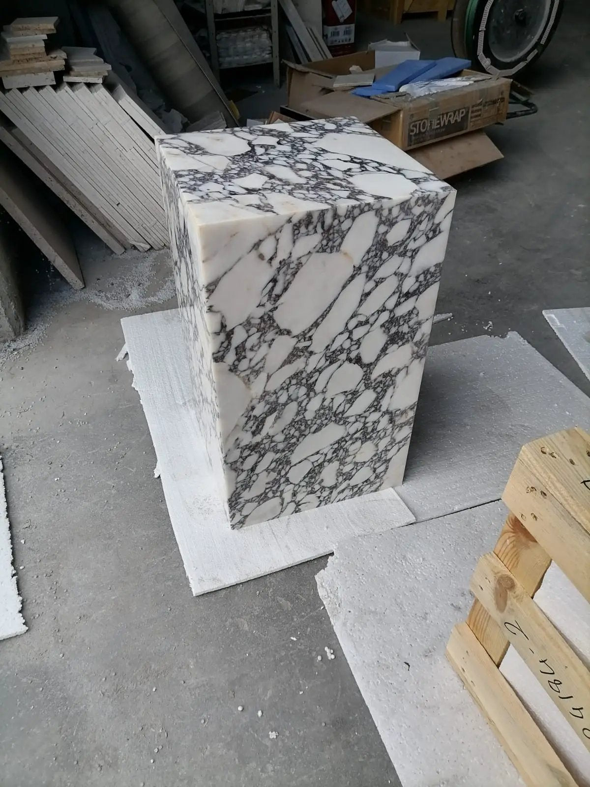 Villohome Calacatta Viola marble cube plinth end table, polished 14x14x24 inches