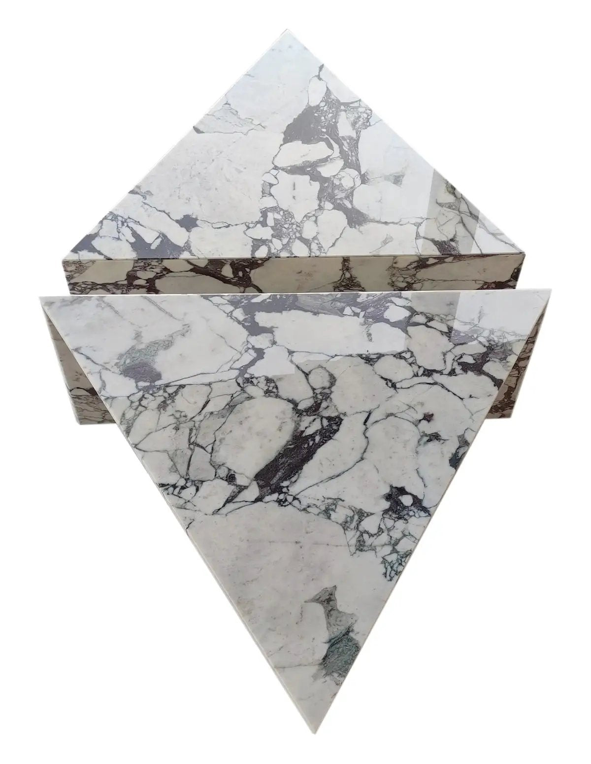 Calacatta Viola marble triangular coffee tables set of 2 by Villohome, polished white marble with gray veining.