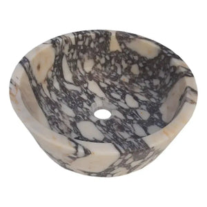 Calacatta Viola marble vanity sink by Villohome, round 16in dia, 6in tall, honed with black and ivory veining