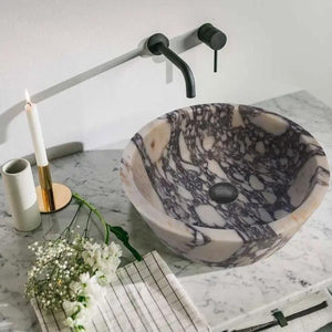 Calacatta Viola marble vessel bathroom sink, round 16-inch above-counter bowl, honed/matte finish