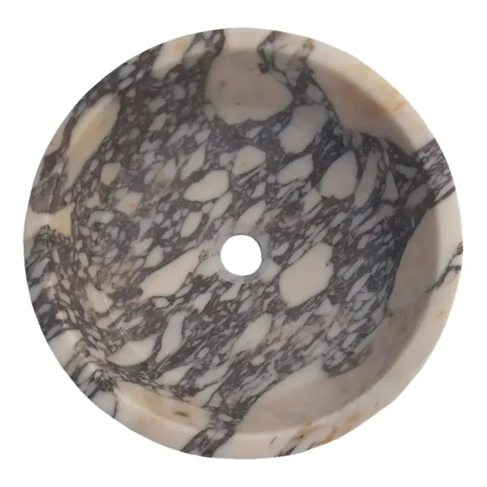 Villohome Calacatta Viola round marble vessel sink, honed finish with gray veining for bathroom vanity.