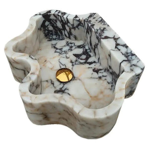 Calacatta Viola marble wall-mount bathroom sink by Villohome; white with dark veining, wavy edges, 16x21x6 in