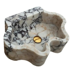 Villohome Calacatta Viola marble wall-mount bathroom sink with wavy edges, white with dark veining and gold drain.