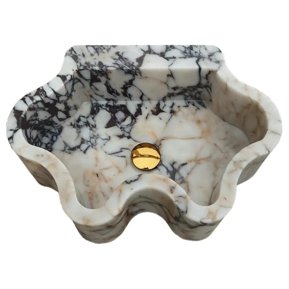 Villohome Calacatta Viola marble wall-mount bathroom sink with wavy edges, white with dark veining and gold drain