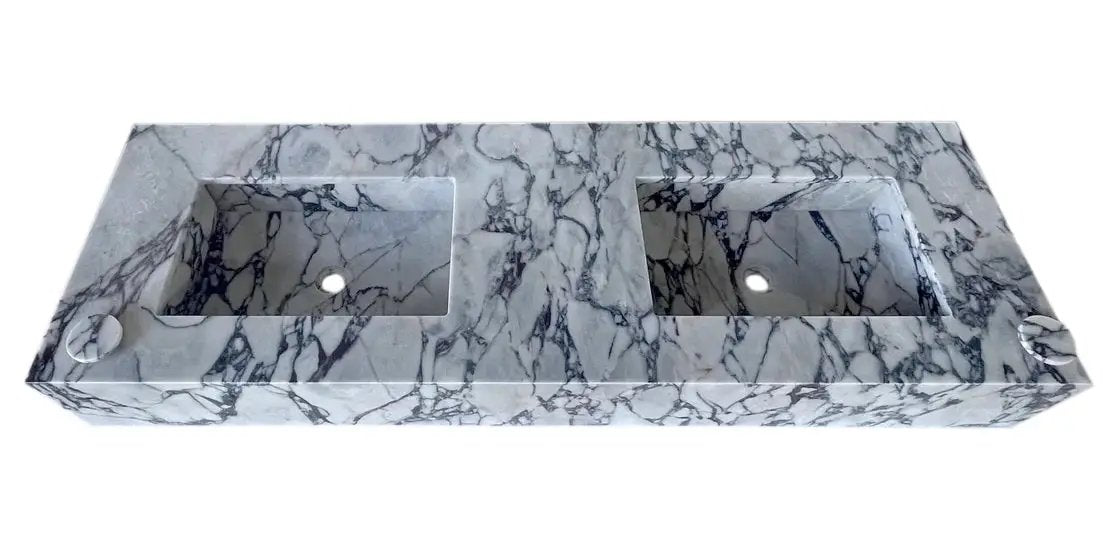 Calacatta Viola marble bathroom double sink vanity by Villohome; 67-inch length with two rectangular basins.
