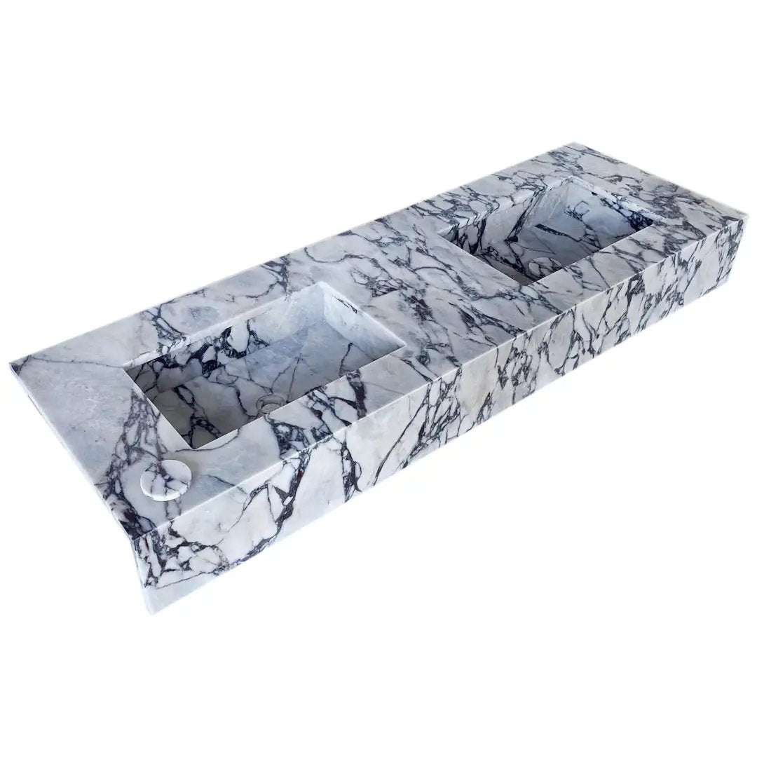 Calacatta Viola marble bathroom double sink vanity by Villohome; two basins.