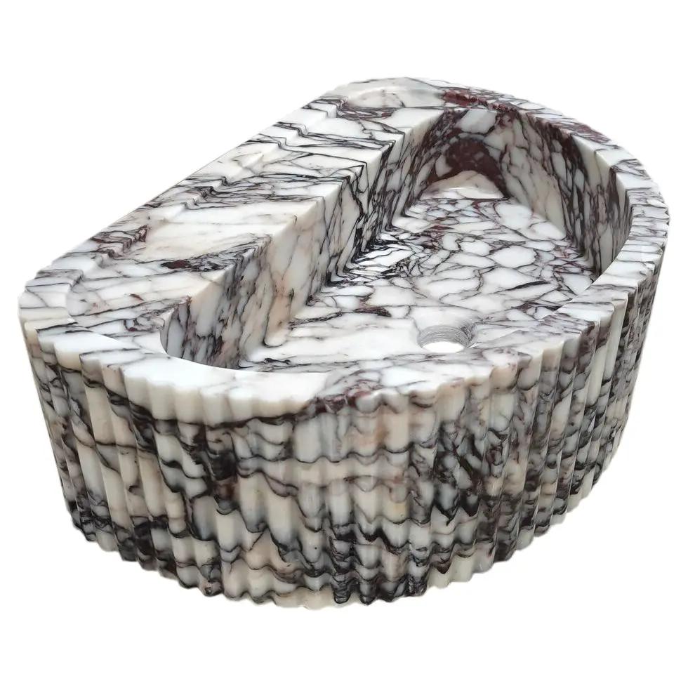 Villohome Calacatta Viola marble wall-mount fluted half-round bathroom sink, white with gray veins, 16x24x8.
