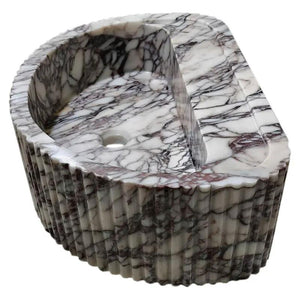 Calacatta Viola marble wall-mount fluted half-round bathroom sink by Villohome, white with grey veining