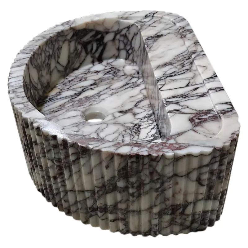 Calacatta Viola marble wall-mount fluted half-round bathroom sink by Villohome, white with grey veining