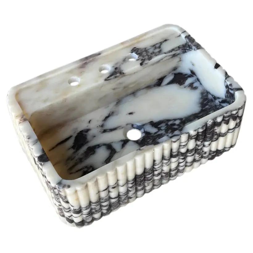 Villohome Calacatta Viola marble wall-mount rectangular sink with fluted exterior, 16W×24L×8H in.