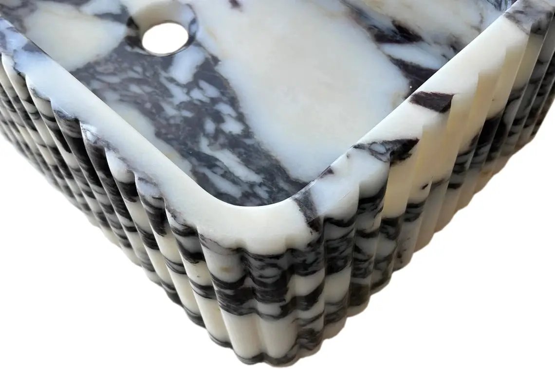Villohome Calacatta Viola marble wall-mount rectangular fluted bathroom sink, 16x24x8 inches