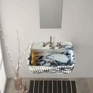 Calacatta Viola marble wall-mount rectangular fluted bathroom sink with gray veining
