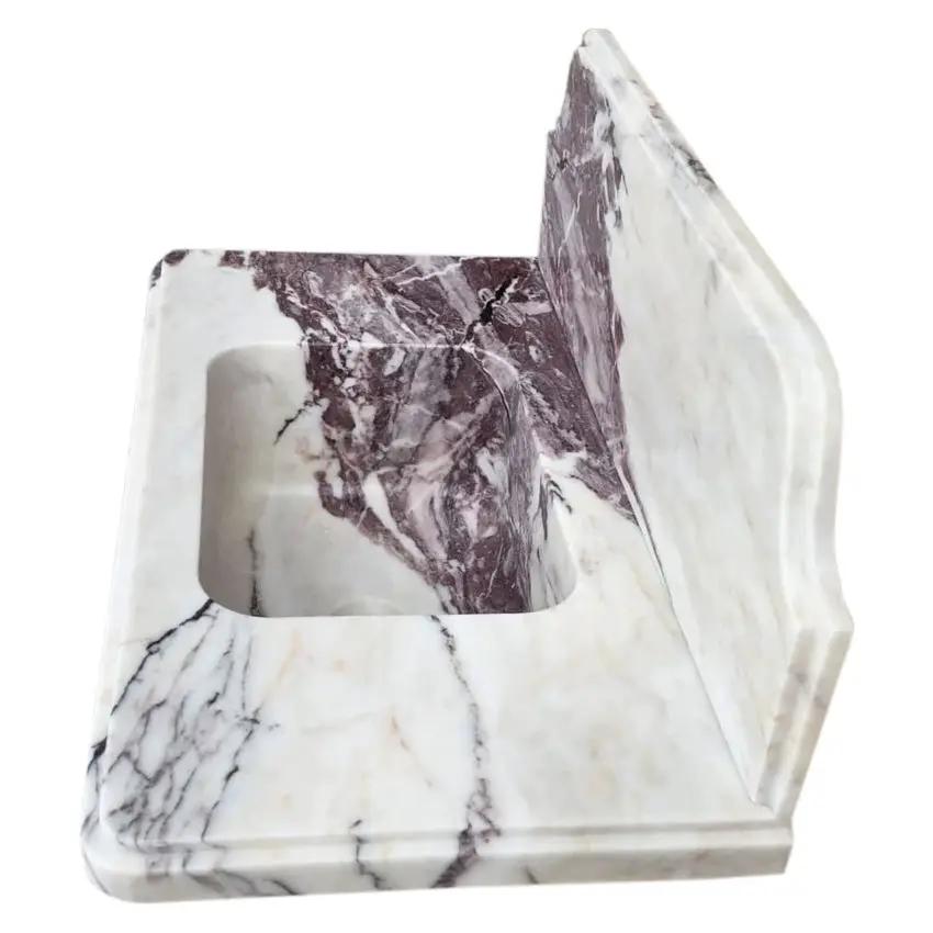 Calacatta Viola marble bathroom sink by Villohome, wall-mount with 10-inch backsplash; white with purple veining