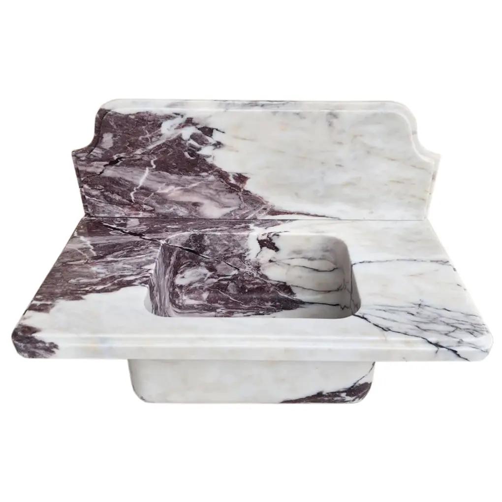 Calacatta Viola marble bathroom sink, wall-mount above-vanity with 10-inch backsplash, by Villohome.