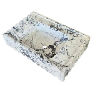 Calacatta Viola marble wall-mount vanity sink by Villohome, U-shaped fluted design, white with dark veining
