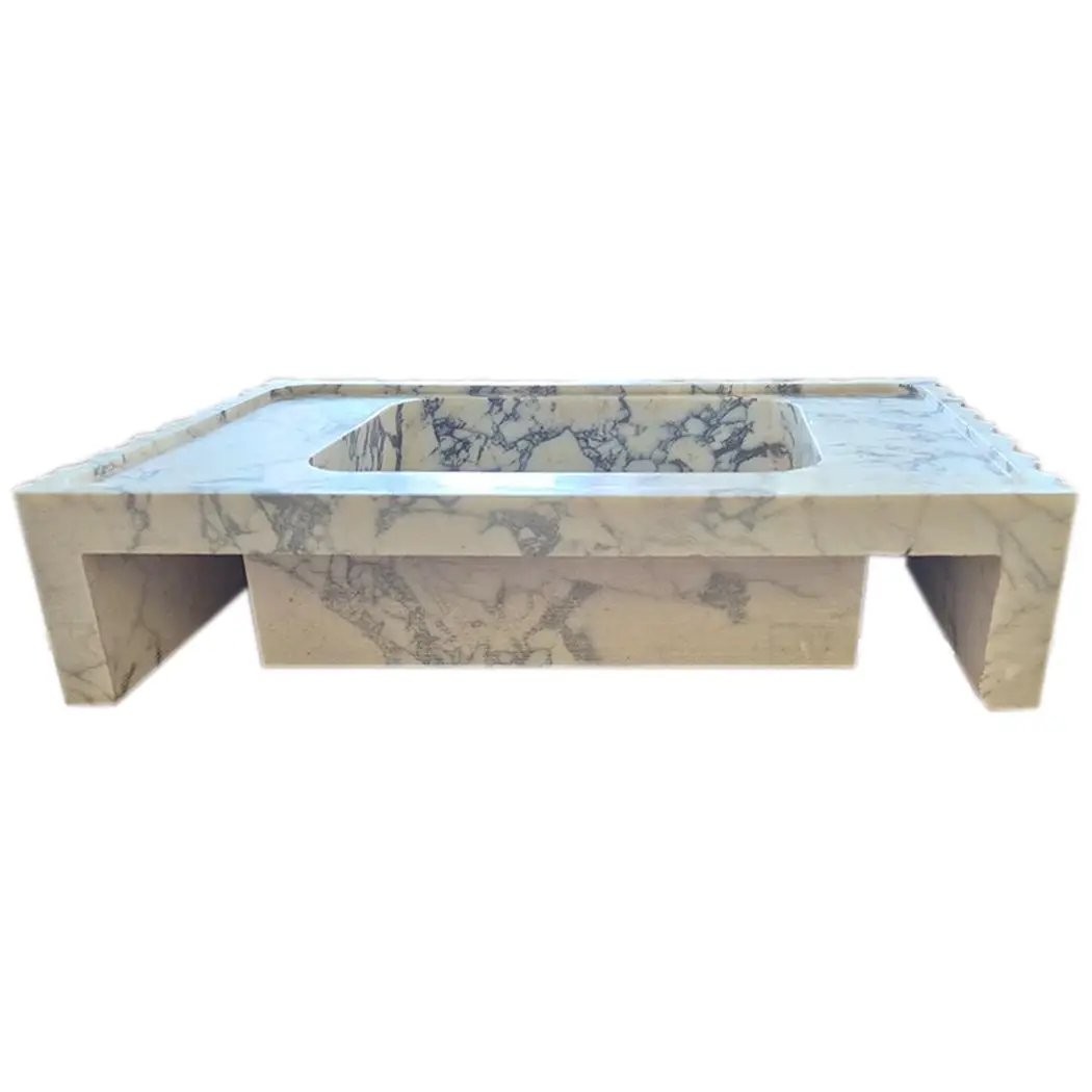 Villohome Calacatta Viola marble wall-mount vanity sink, U-shaped fluted design, white with gray veins