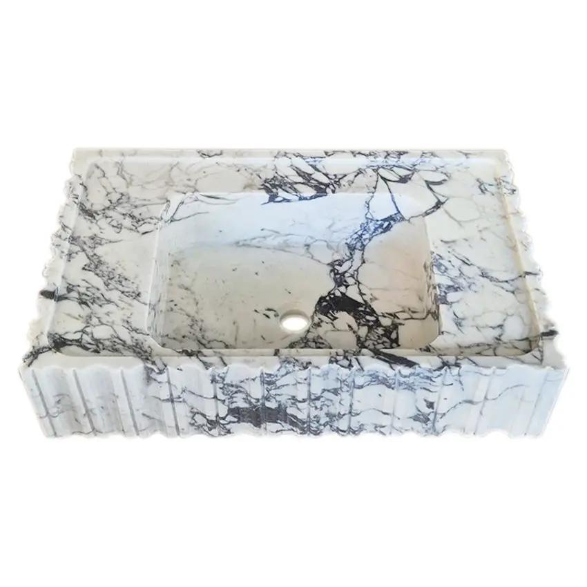 Calacatta Viola marble wall-mount vanity sink, U-shaped fluted basin, 18x28 inches