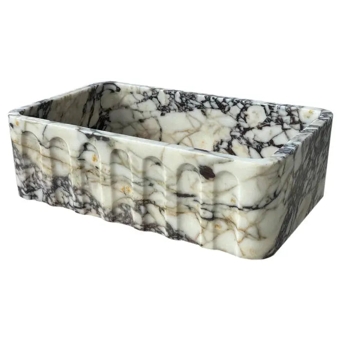 Villohome Calacatta Viola marble wall-mount bathroom vanity sink with fluted front, 19.5W x 31.5L x 10H in