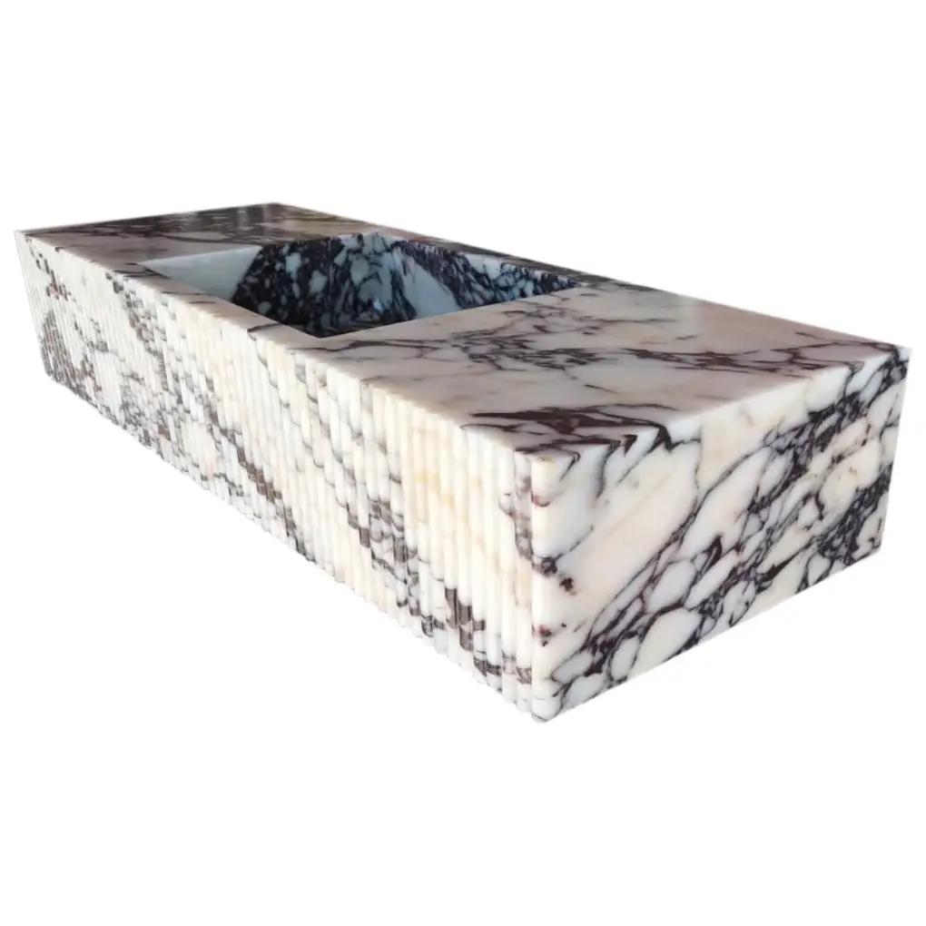 Calacatta Viola marble wall-mount bathroom vanity sink with fluted front, 56in L x 20in W