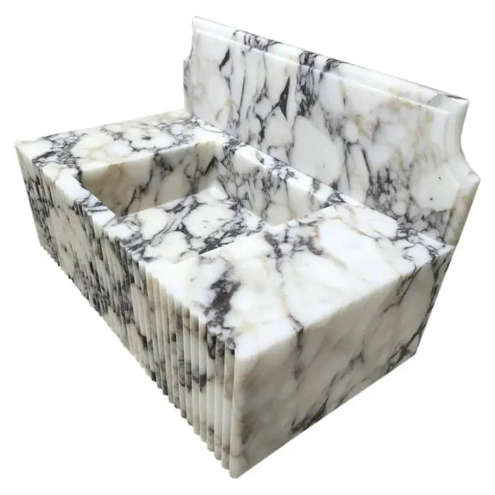 Calacatta Viola Marble Vessel Sink with fluted front, wall-mount vanity, 21x37 in