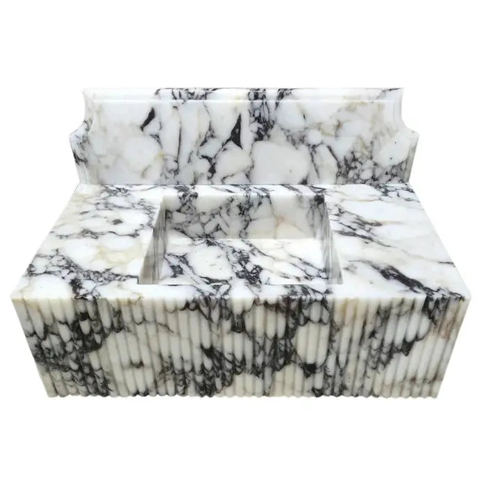 Villohome Calacatta Viola Marble wall-mount vanity sink with fluted front, white with gray veining, 21x37 inches.