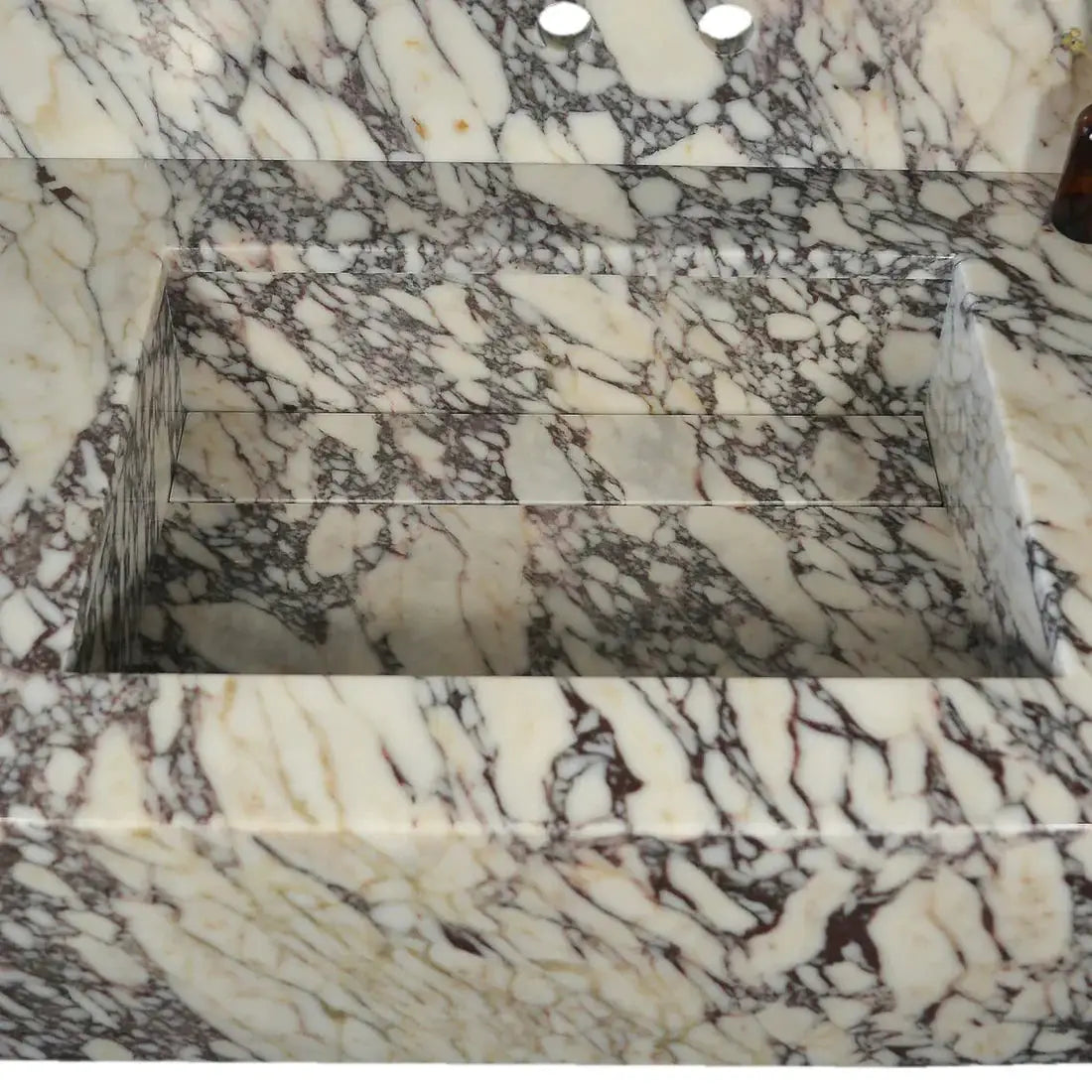 Calacatta Viola marble rectangular wall-mount bathroom sink with 8-inch backsplash and dramatic veining