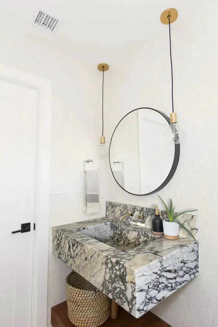 Calacatta Viola marble rectangular wall-mount bathroom sink by Villohome with 8-inch backsplash.