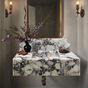 Calacatta Viola marble wall-mount bathroom vanity sink with fluted front by Villohome, 21W x 37L.