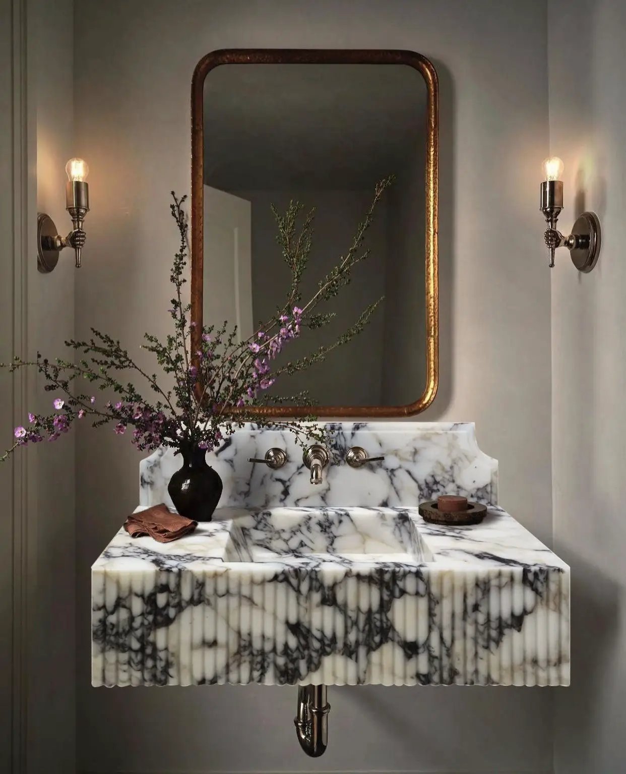 Calacatta Viola marble wall-mount vanity sink with fluted front; white with gray veining, Villohome