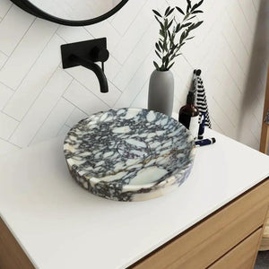 Villohome Calacatta Viola round above-counter marble bathroom sink, polished, 15.5 in dia x 4.5 in high.