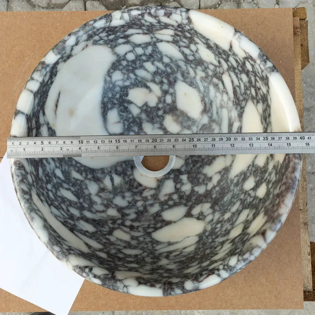 Calacatta Viola marble round bathroom sink, Villohome above-vanity vessel, 16-inch diameter, white/gray veining