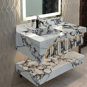 Calacatta Viola marble wall-mount bathroom sink set of 2 with hidden drain; white with blue-gray veining