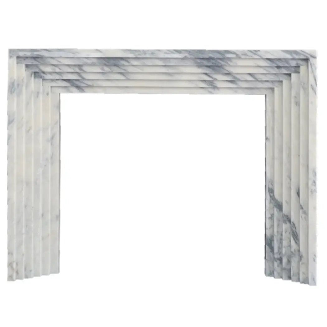 Calacatta Viola marble art deco fireplace mantel, polished white with gray veining, 60in long