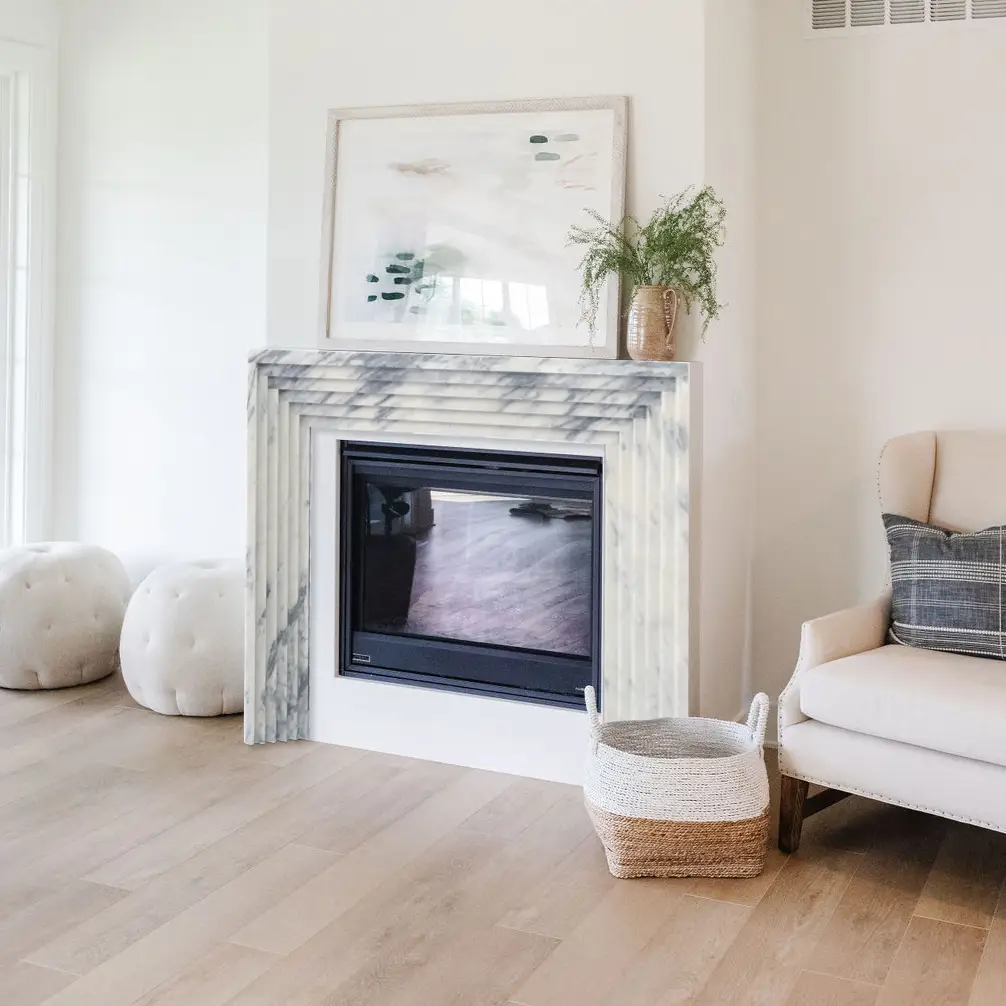 Villohome Calacatta Viola Marble Art Deco Fireplace Mantel, polished white-gray marble