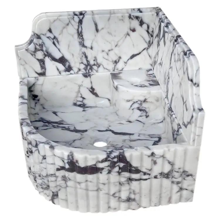 Calacatta Viola marble wall-mount corner sink with fluted exterior, white with dark gray veins by Villohome
