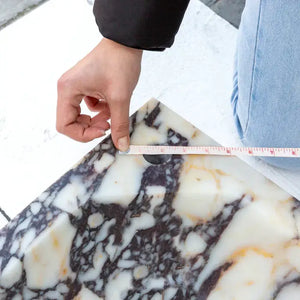 Calacatta Viola marble vanity slab for wall-mount corner unit, 20x20 inches, 7 inches thick.