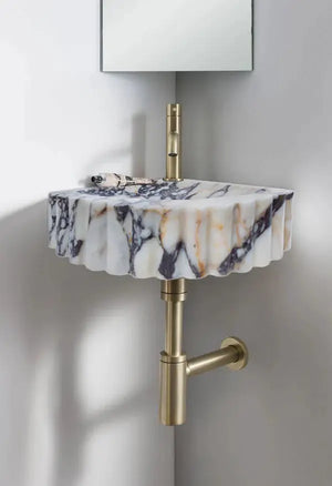 Calacatta Viola marble wall-mount corner vanity sink by Villohome, ribbed edge, brass fittings, 20x20x7 in.
