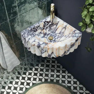 Calacatta Viola marble wall-mount corner bathroom sink by Villohome, ribbed scalloped edge