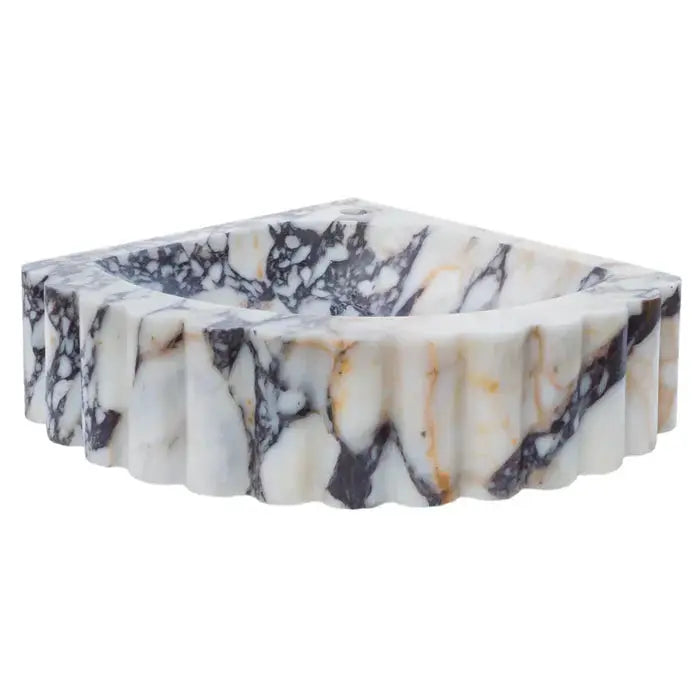 Calacatta Viola marble wall-mount corner vanity sink, ribbed exterior, white with purple veining (Villohome)