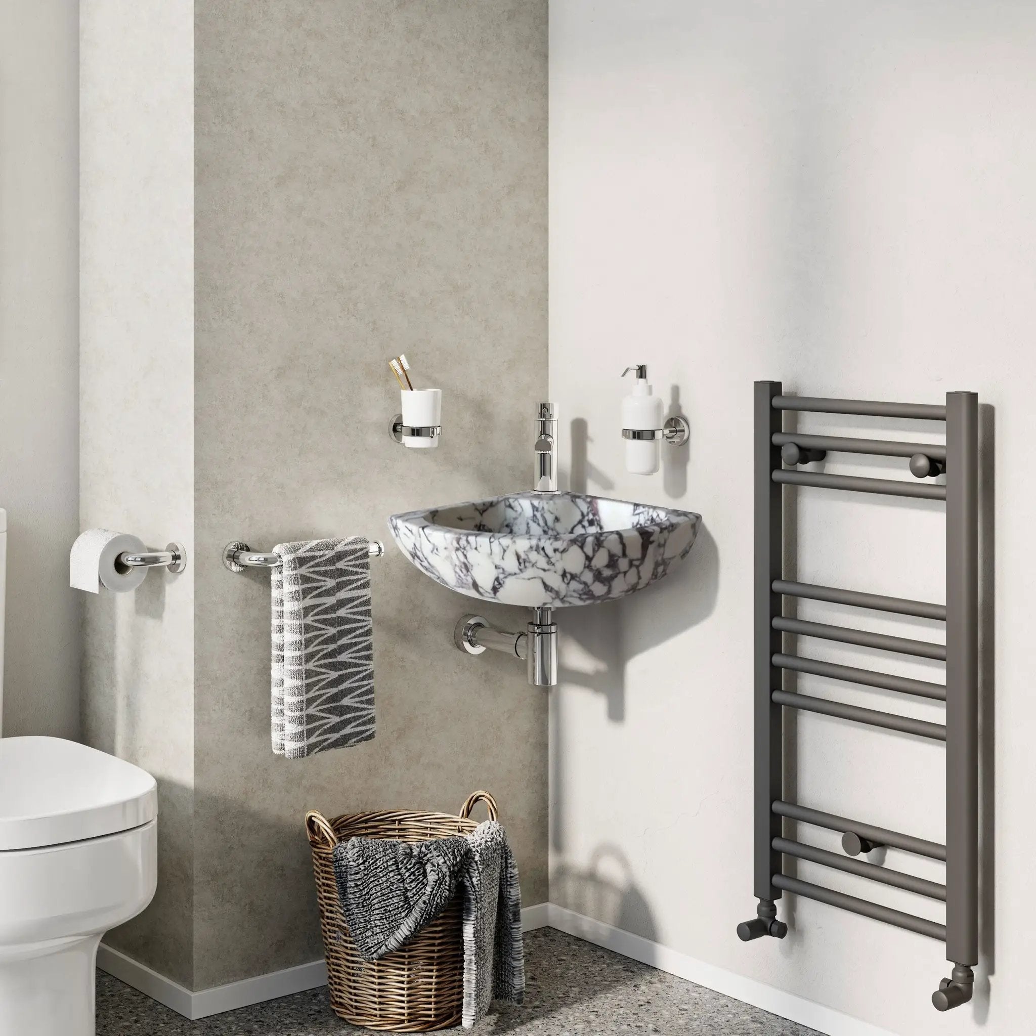 Calacatta Viola marble wall-mount corner bathroom sink, 12x12x6, white with dark veining.