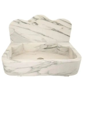 Calacatta white marble wall-mount sink by Villohome with arabesque backsplash, 16in W x 24in L x 5in H