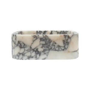 Calacatta Viola marble rectangular vessel sink by Villohome, wall-mount, white with gray veining.